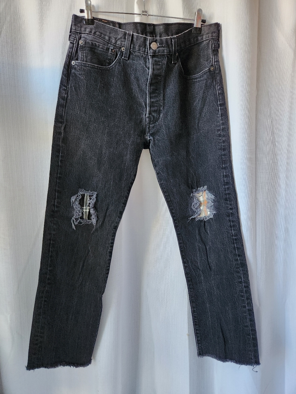 Levis 501 Men's Distressed Black/Charcoal Jeans Custom Patchwork Size W32-L34